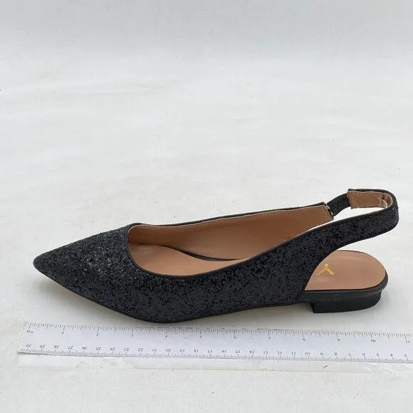 YDN Black Glitter Pointed Toe Slingback Low Heel Slide Sandals Dress Pump