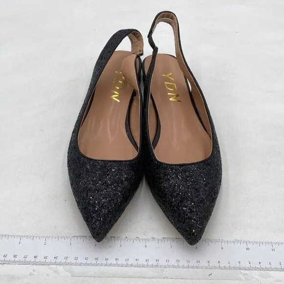 YDN Black Glitter Pointed Toe Slingback Low Heel Slide Sandals Dress Pump