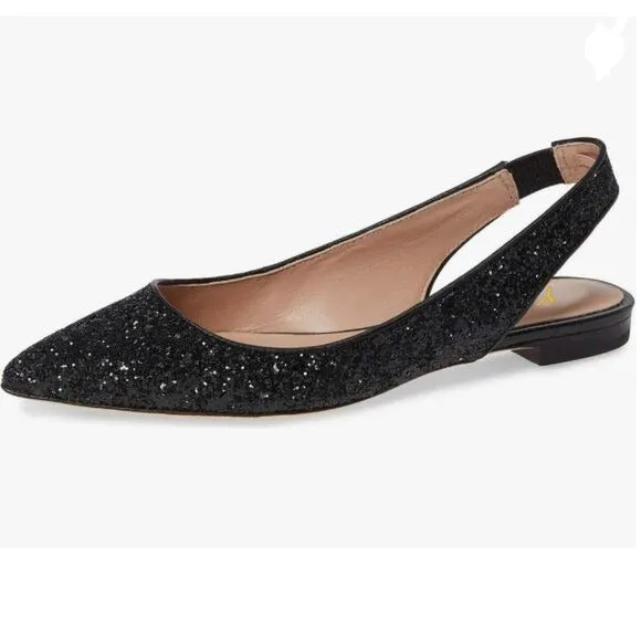 YDN Black Glitter Pointed Toe Slingback Low Heel Slide Sandals Dress Pump