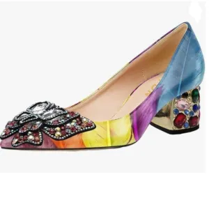 YDN Blue Feather Pointed Toe Colorful Rhinestone Block Low Heel Butterfly Pump