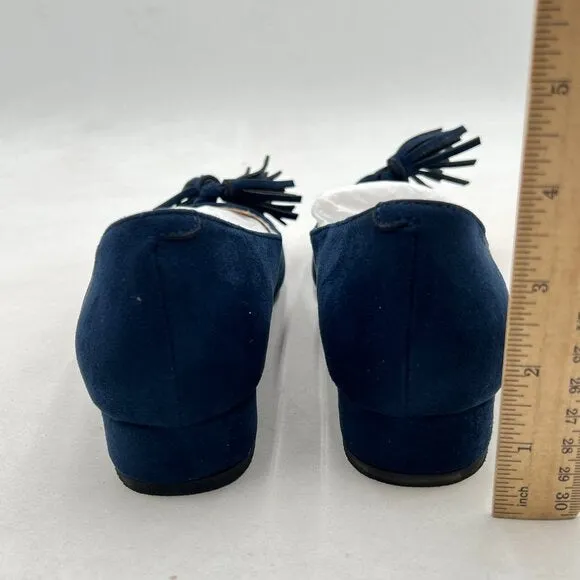YDN Deep Blue Block Low Heel Loafers Square Toe Tassel Fringed Pump Slip On Shoe