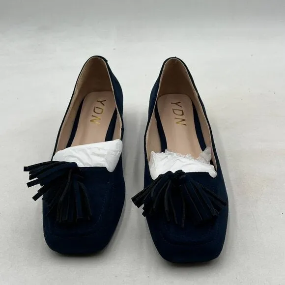 YDN Deep Blue Block Low Heel Loafers Square Toe Tassel Fringed Pump Slip On Shoe