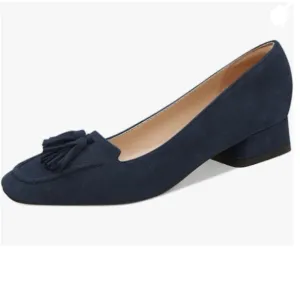 YDN Deep Blue Block Low Heel Loafers Square Toe Tassel Fringed Pump Slip On Shoe