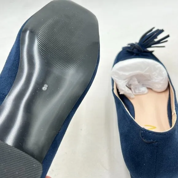 YDN Deep Blue Block Low Heel Loafers Square Toe Tassel Fringed Pump Slip On Shoe