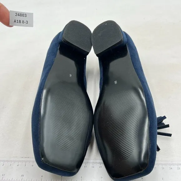 YDN Deep Blue Block Low Heel Loafers Square Toe Tassel Fringed Pump Slip On Shoe