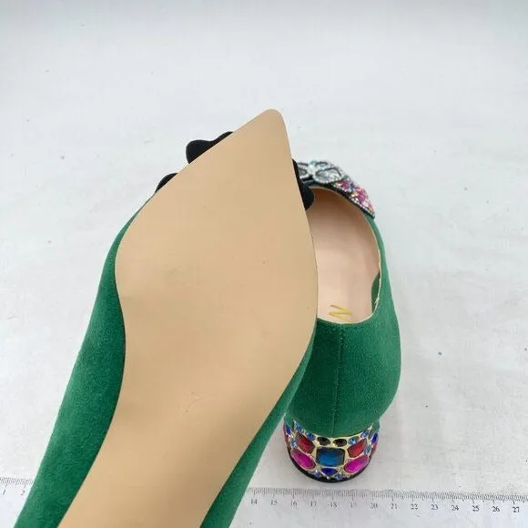 YDN Green Pointed Toe Bow Colorful Rhinestone Block Low Heel Butterfly Pump