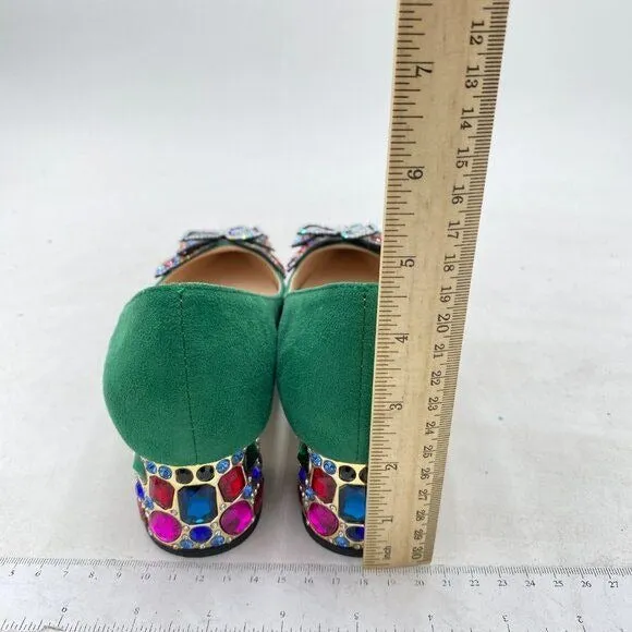YDN Green Pointed Toe Bow Colorful Rhinestone Block Low Heel Butterfly Pump