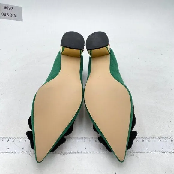 YDN Green Pointed Toe Bow Colorful Rhinestone Block Low Heel Butterfly Pump