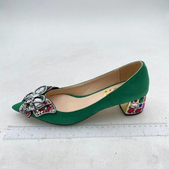 YDN Green Pointed Toe Bow Colorful Rhinestone Block Low Heel Butterfly Pump