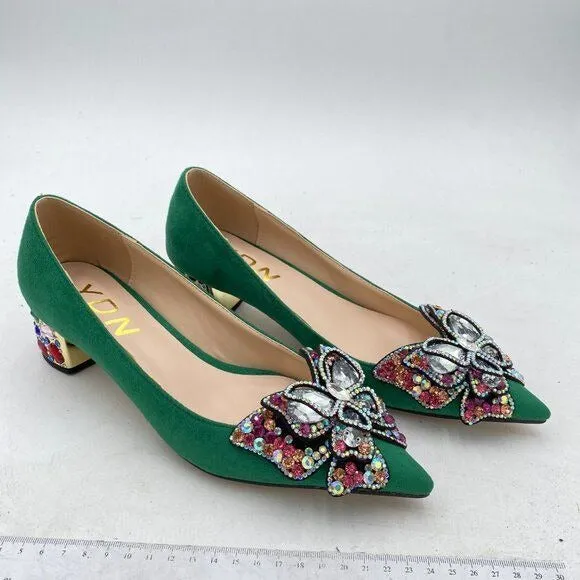 YDN Green Pointed Toe Bow Colorful Rhinestone Block Low Heel Butterfly Pump