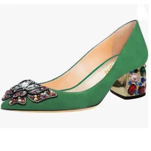 YDN Green Pointed Toe Bow Colorful Rhinestone Block Low Heel Butterfly Pump