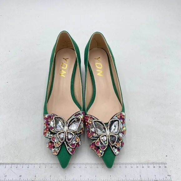 YDN Green Pointed Toe Bow Colorful Rhinestone Block Low Heel Butterfly Pump