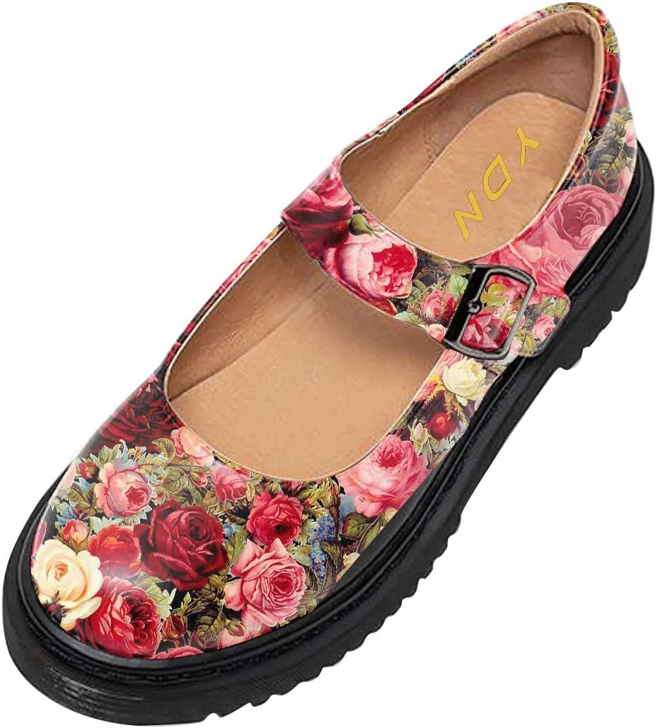 YDN Women Classic Round Closed Toe Mary Jane Flats Platform Adjustable Single Ankle Strap Buckle Comfy Cute Pump Leather Patry Cosplay Girls Dress Shoe Size 4-16