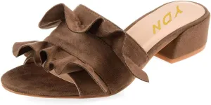 YDN Women Fashion Open Almond Toe Ruffles Slide Sandals Chunky Low Heel Slippers Pump Date Walking Shoes