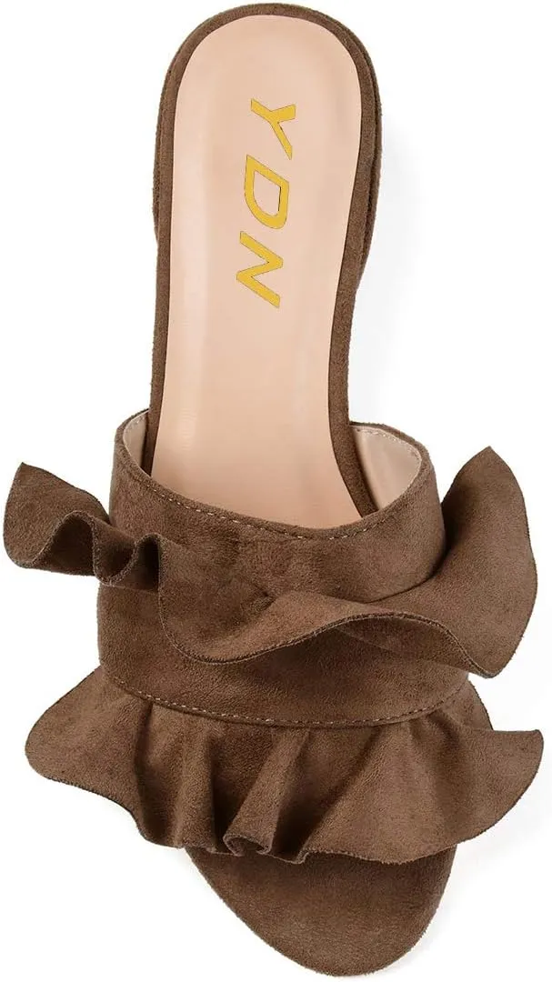 YDN Women Fashion Open Almond Toe Ruffles Slide Sandals Chunky Low Heel Slippers Pump Date Walking Shoes