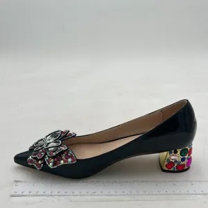 YDN Women Pointed Toe Bow Pump Colorful Rhinestone Block Low Heel Butterfly Slip