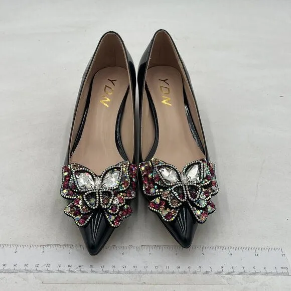 YDN Women Pointed Toe Bow Pump Colorful Rhinestone Block Low Heel Butterfly Slip