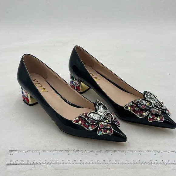 YDN Women Pointed Toe Bow Pump Colorful Rhinestone Block Low Heel Butterfly Slip