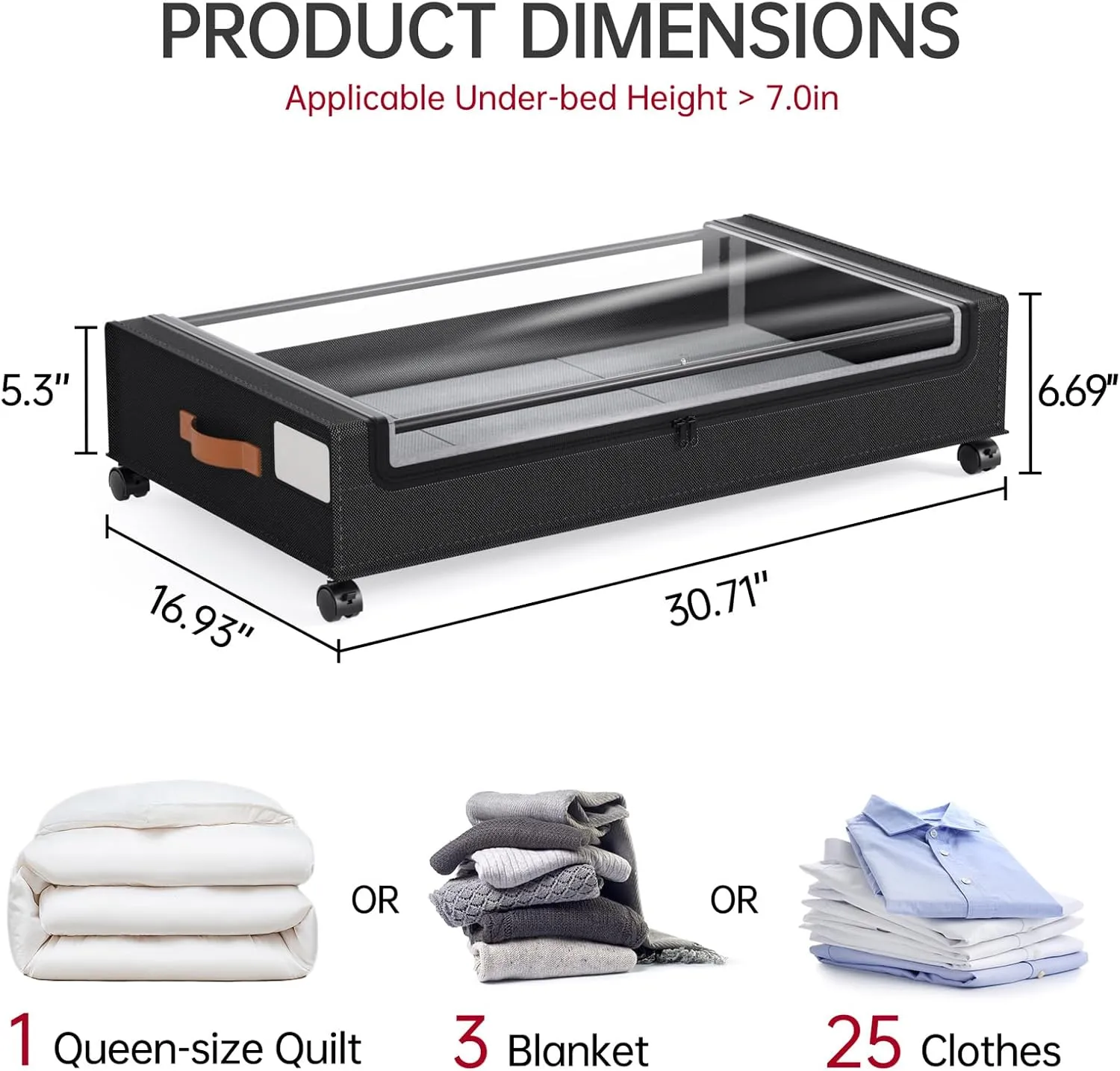 Yecaye 60L Under Bed Storage with Wheels, 2 Pack Under Bed Storage Containers, Under Bed Shoe Storage with Clear Window & Label, Rolling Under Bed Metal Drawer for Clothes, Shoes,Toys, Books, Black
