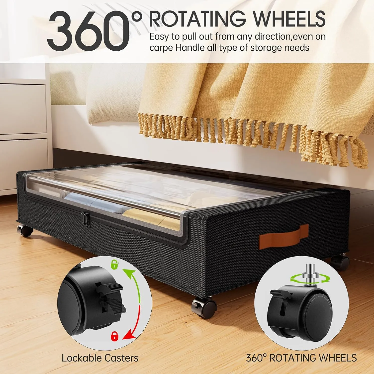 Yecaye 60L Under Bed Storage with Wheels, 2 Pack Under Bed Storage Containers, Under Bed Shoe Storage with Clear Window & Label, Rolling Under Bed Metal Drawer for Clothes, Shoes,Toys, Books, Black