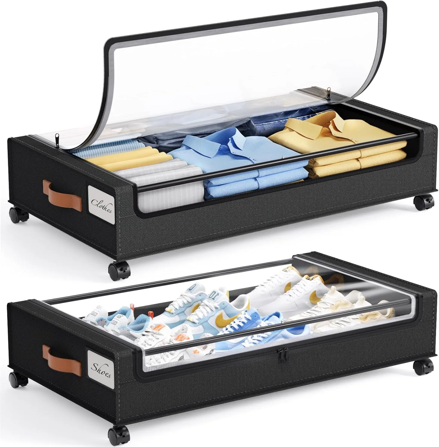 Yecaye 60L Under Bed Storage with Wheels, 2 Pack Under Bed Storage Containers, Under Bed Shoe Storage with Clear Window & Label, Rolling Under Bed Metal Drawer for Clothes, Shoes,Toys, Books, Black