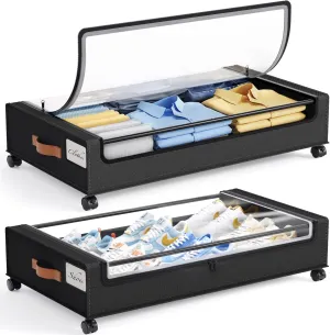 Yecaye 60L Under Bed Storage with Wheels, 2 Pack Under Bed Storage Containers, Under Bed Shoe Storage with Clear Window & Label, Rolling Under Bed Metal Drawer for Clothes, Shoes,Toys, Books, Black