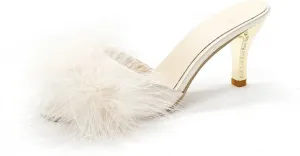 YIBLBOX Women's Round Toe Sandal Fluffy Feather Sexy Slippers Kitten Heeled Slippers