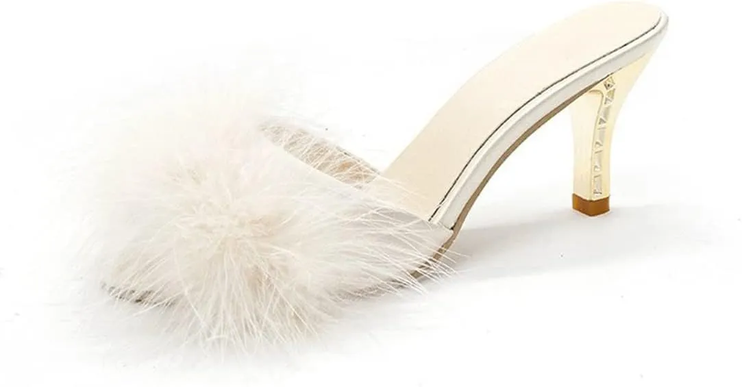 YIBLBOX Women's Round Toe Sandal Fluffy Feather Sexy Slippers Kitten Heeled Slippers