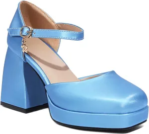YIYA Women's Chunky Heels Platform Mary Jane Shoes Adjustable Ankle Strap Star Buckle Square Toe Block High Heel Dress Pumps Shoes