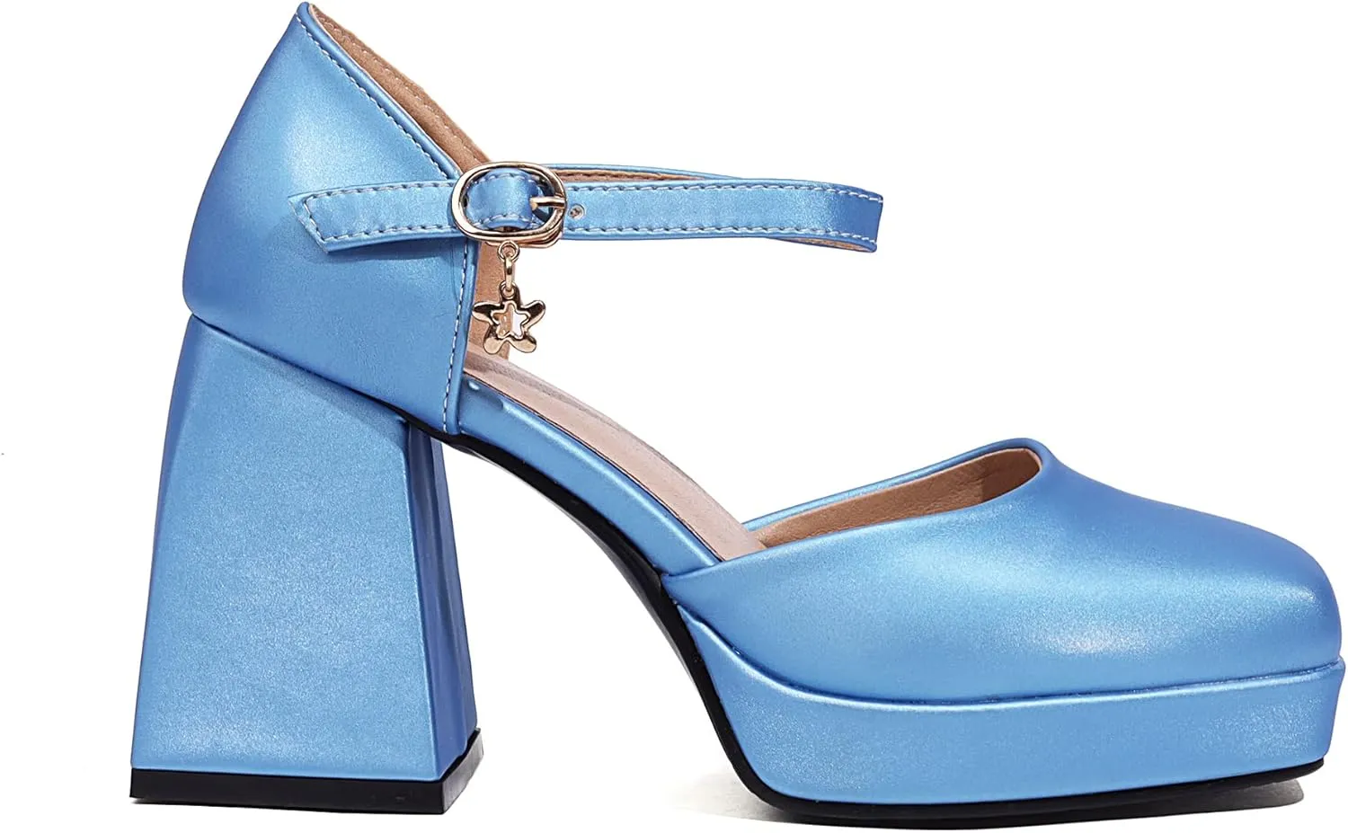 YIYA Women's Chunky Heels Platform Mary Jane Shoes Adjustable Ankle Strap Star Buckle Square Toe Block High Heel Dress Pumps Shoes