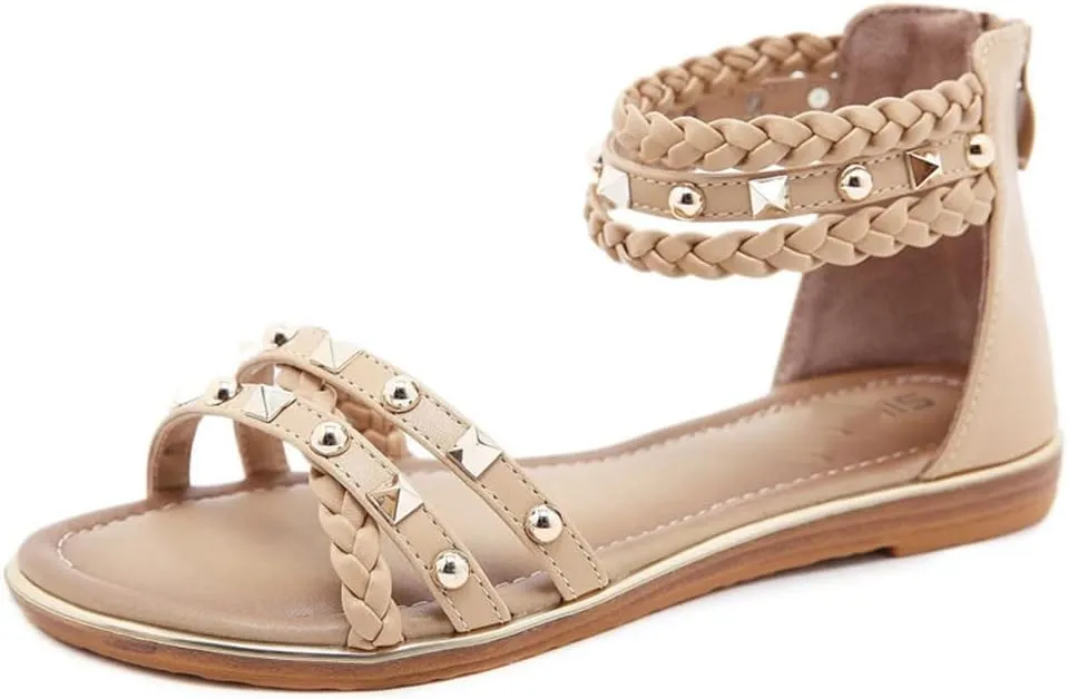 Youllyuu Women Ethnic Style Sandals Rivet Woven Large Size Flats Retro Roman Sandals