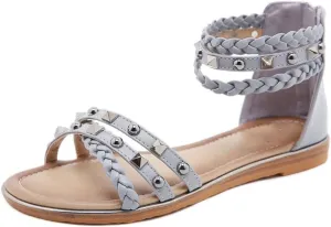 Youllyuu Women Ethnic Style Sandals Rivet Woven Large Size Flats Retro Roman Sandals